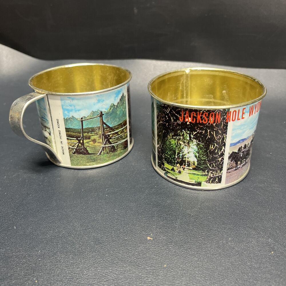 Vintage Souvenir 1960’s Jackson Hole Wyoming Tin Mug Set Of 2 Hong Kong
